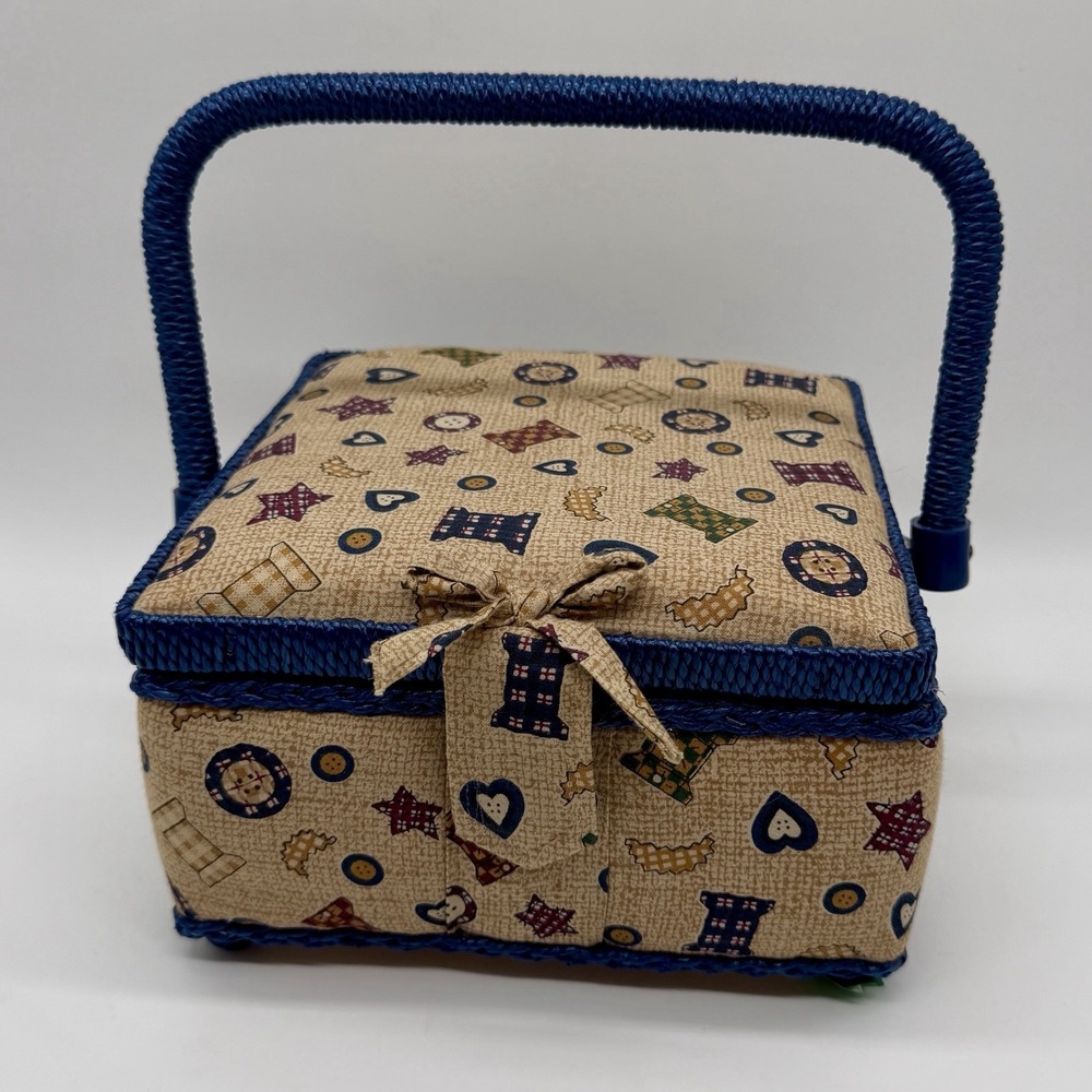Vintage Fabric Sewing Basket Organizer Blue Handle Button Quilt Pattern